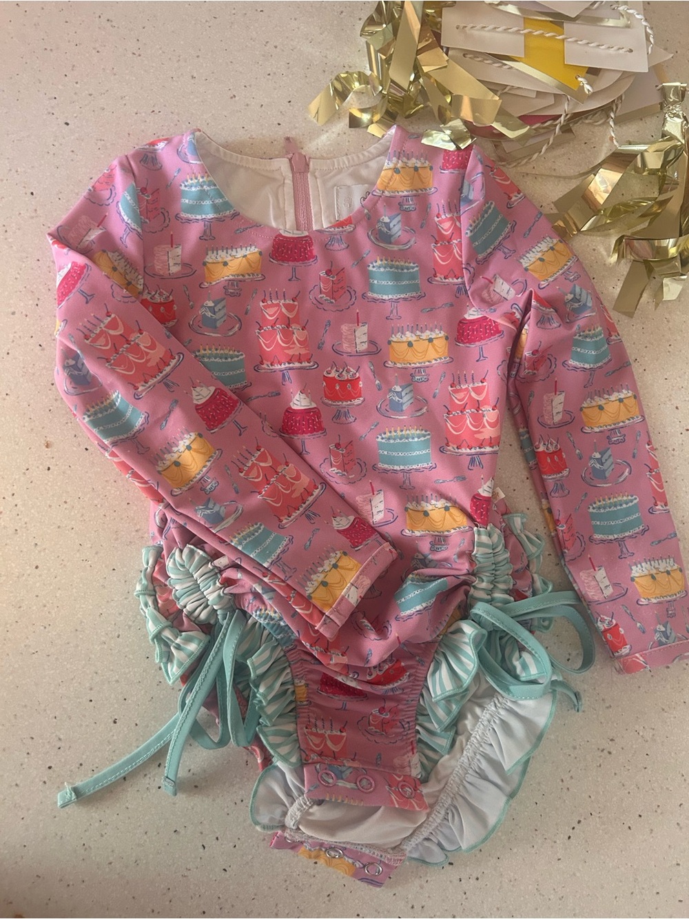 Long Sleeve Pink Cake-Print Rashguard Swimsuit